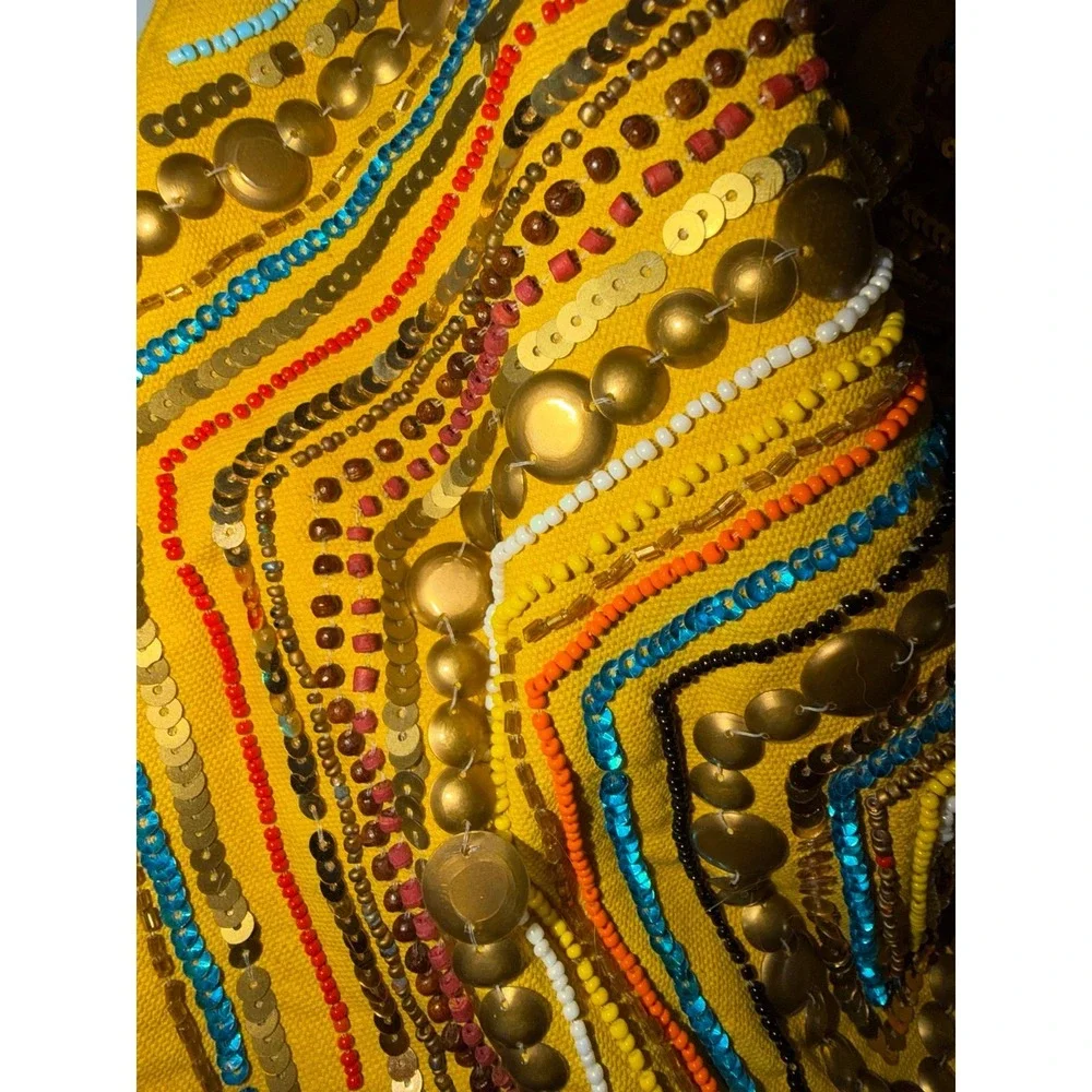 Vintage Nine West yellow canvas hobo bag sequin seed bead embellishment large
